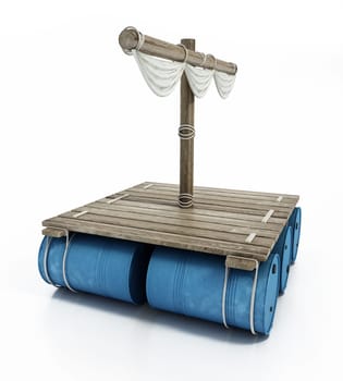 Wooden raft with floating empty barrels on the lower side isolated on white background. 3D illustration.