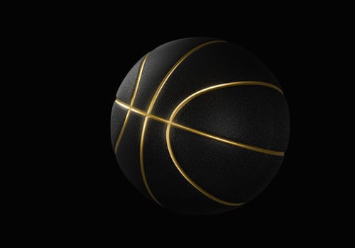 Black basketball closeup with golden lines high quality on black background