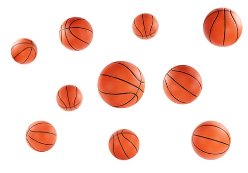 Flying basketball balls on white background