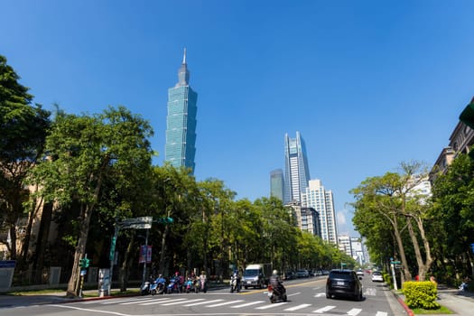 Taipei, Taiwan 18 January 2024: Taipei city street with Taipei 101