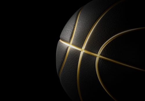 Black basketball closeup with golden lines high quality on black background