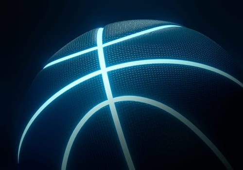 Blue basketball with bright glowing neon lines on black background