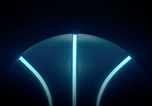 Blue basketball with bright glowing neon lines on black background