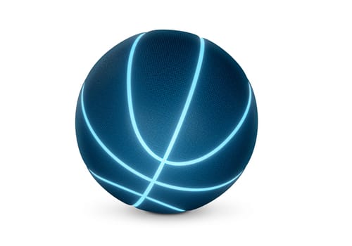Blue basketball with bright glowing neon lines on white background