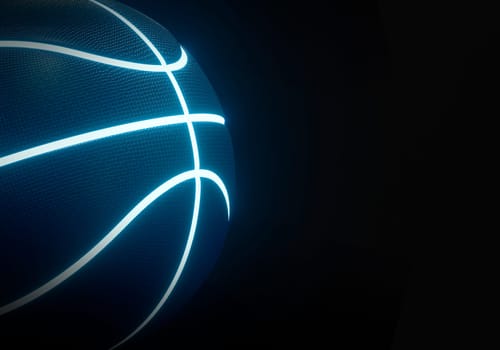 Blue basketball with bright glowing neon lines on black background
