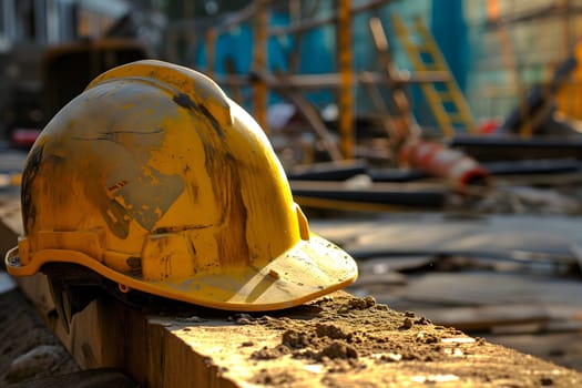 Old yellow hard hat at construction site. Neural network generated image. Not based on any actual scene or pattern.