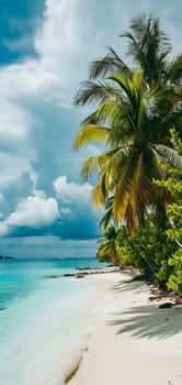 tropical beach view at cloudy stormy day with white sand, turquoise water and palm trees. Neural network generated image. Not based on any actual scene or pattern.