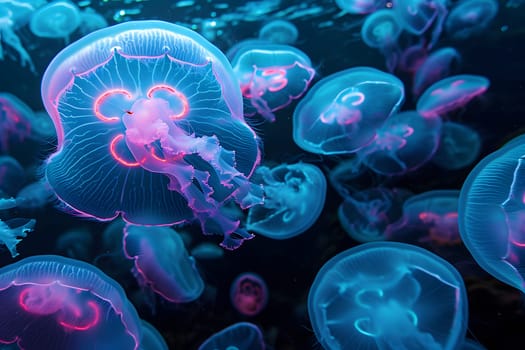 glowing sea jellyfishes on dark background, neural network generated art. Neural network generated in January 2024. Not based on any actual scene or pattern.