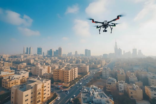 Flying drone above the city at summer morning. Neural network generated image. Not based on any actual scene or pattern.