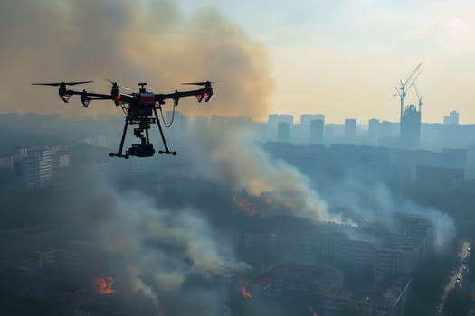 Copter drone over city with smoke. Neural network generated image. Not based on any actual scene or pattern.