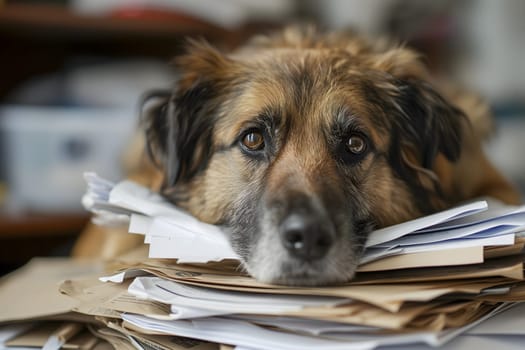 dog in an office, overwhelmed by a mountains of paperwork. Neural network generated in January 2024. Not based on any actual scene or pattern.