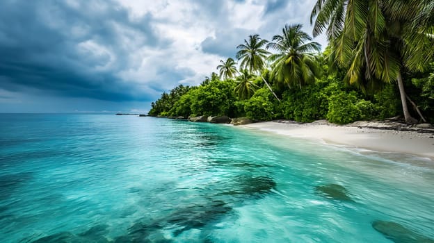 tropical beach view at cloudy stormy day with white sand, turquoise water and palm trees. Neural network generated image. Not based on any actual scene or pattern.