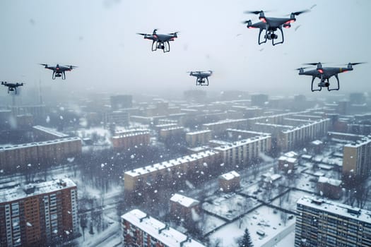 Group of drones over city at winter day or morning. Neural network generated image. Not based on any actual scene or pattern.