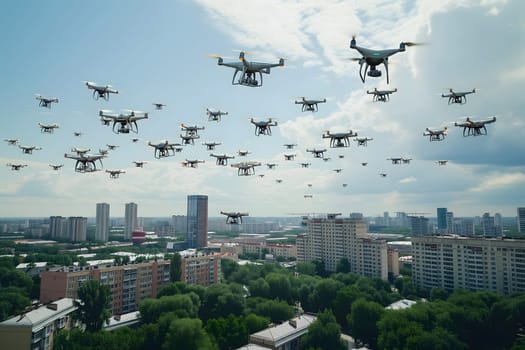 swarm of drones over city at summer morning. Neural network generated image. Not based on any actual scene or pattern.