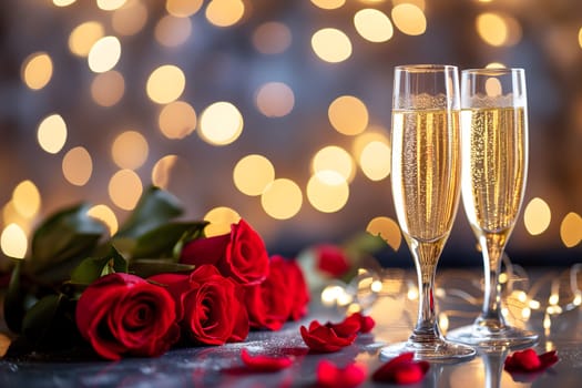 two glasses with sparkling wine or champagne and red roses on table with bokeh lights in the background for generic celebration concept. Neural network generated image. Not based on any actual or scene.