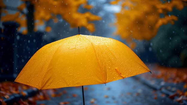Close up, yellow umbrella under rainfall against a background of autumn leaves. Concept of rainy weather. Neural network generated image. Not based on any actual scene or pattern.