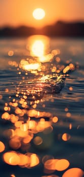 Sunset bokeh on water: golden sky over a body of water, with the light reflecting and creating a bokeh effect.. Neural network generated image. Not based on any actual scene or pattern.
