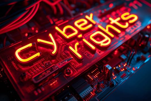 Words cyber rights for cyber law concept. Neural network generated image. Not based on any actual scene or pattern.