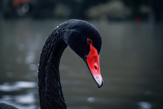 Black swan on water surface, close up. Neural network generated image. Not based on any actual scene or pattern.