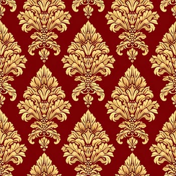 Seamless texture of red and gold damask pattern. Neural network generated image. Not based on any actual scene or pattern.