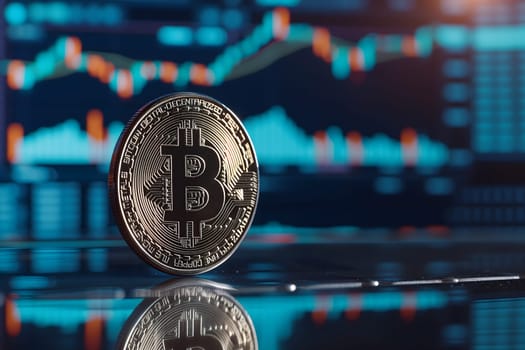 Bitcoin shiner in front of blurry trading charts screen. Dark appearance. Neural network generated image. Not based on any actual scene or pattern.