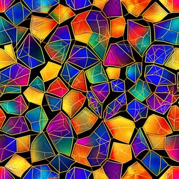 Seamless texture and full-frame background of colorful glass mosaic triangular tiles. Neural network generated image. Not based on any actual scene or pattern.