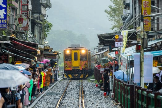 Taipei, Taiwan 20 October 2023: Train coming from shihfen Old Street in Taipei city