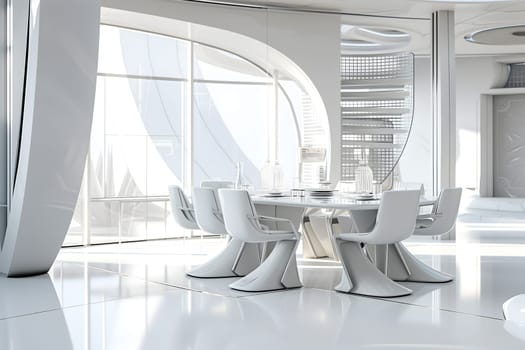 futuristic clean white space station style interior of dining room. Neural network generated image. Not based on any actual scene or pattern.
