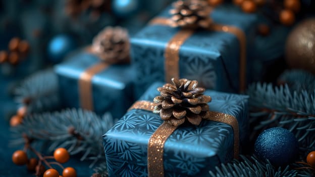 Blue Christmas gift boxes with a gold bow for holiday background. Neural network generated image. Not based on any actual scene or pattern.