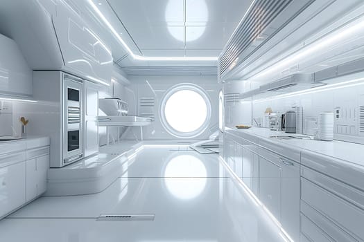 futuristic clean white space station style interior of kitchen room. Neural network generated image. Not based on any actual scene or pattern.
