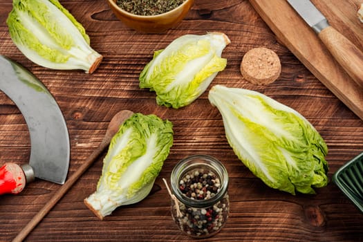 Raw green Romaine lettuce hearts. Baby cos lettuce leaves.