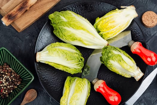 Raw green Romaine lettuce hearts. Baby cos lettuce leaves.