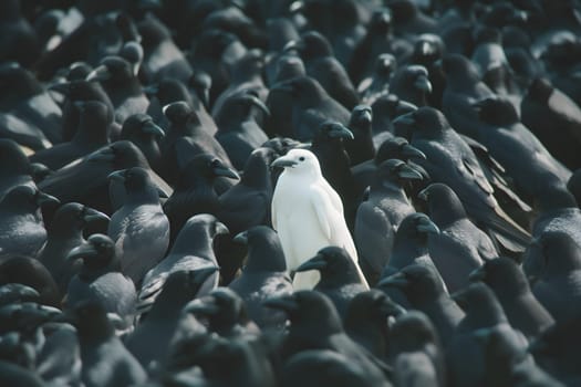 A white crow among many black crows. Neural network generated image. Not based on any actual scene or pattern.