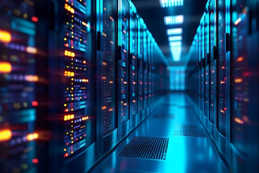 Server room with neon high contrast lighting. Neural network generated image. Not based on any actual scene or pattern.