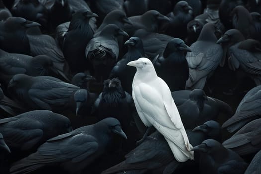 A white crow among many black crows. Neural network generated image. Not based on any actual scene or pattern.