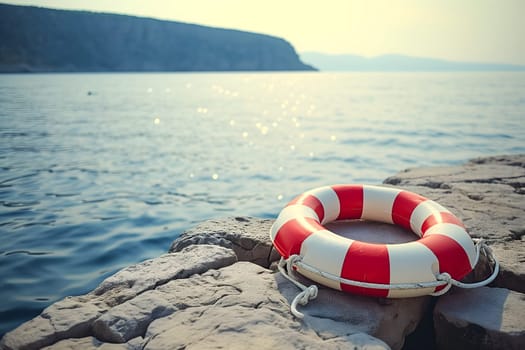 lifebuoy on concrete pier with clear blue sea in the background. Neural network generated image. Not based on any actual scene or pattern.