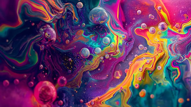 Saturated colorful mad abstract background, random different shapes and objects, hallucinations of ancient shaman after mushroom overdose. Neural network generated image. Not based on any actual scene or pattern.