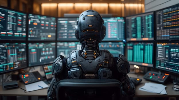 Back view of a financial analyst day trader robot working on computer with many screens that shows real-time stock data. Neural network generated image. Not based on any actual scene or pattern.