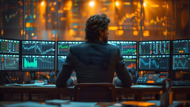 Back view of a financial analyst day trader working on computer with many screens that shows real-time stock data. Neural network generated image. Not based on any actual scene or pattern.