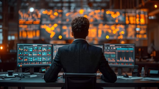 Back view of a financial analyst day trader working on computer with many screens that shows real-time stock data. Neural network generated image. Not based on any actual scene or pattern.
