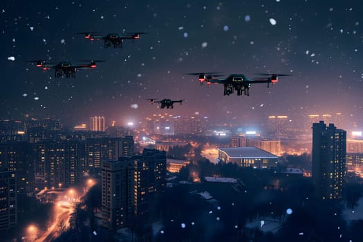 Group of drones over city at snowy winter night. Neural network generated image. Not based on any actual scene or pattern.