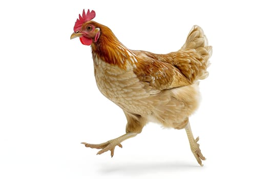 Running chicken hen on white background. Neural network generated image. Not based on any actual scene or pattern.