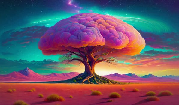 Synthwave tree surreal scene. Majestic ancient wood with a purple cloud instead of leaves crown growing in the desert with orange sand