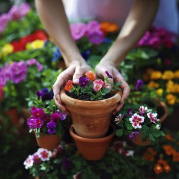 Hands gently hold a pot of blooming flowers amidst a colorful garden