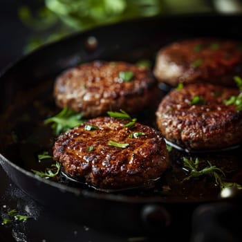 Juicy grilled hamburger patties in a frying pan, decorated with fresh herbs. Ideal for food blogs or menus