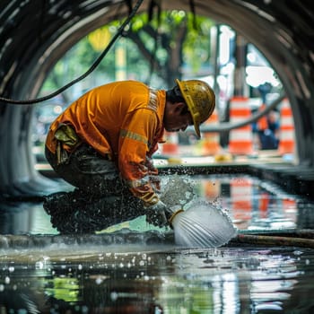 A construction worker in vivid yellow cleans a flooded drain amidst urban surroundings. This image reflects the critical role of maintenance in preventing water logging in cityscapes