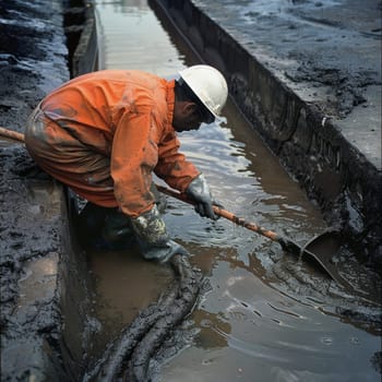 A worker in orange overalls dredges a canal, removing silt and debris to ensure proper water flow. The photograph showcases the importance of regular maintenance in urban water systems