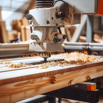 An automated wood cutting machine carves through timber with precision, sending wood chips scattering. The scene captures the intersection of technology and traditional woodworking