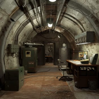 The living quarters of an underground bunker, furnished with wooden beds and traditional rugs, showcase a blend of comfort and readiness in a fortified environment. It combines austerity