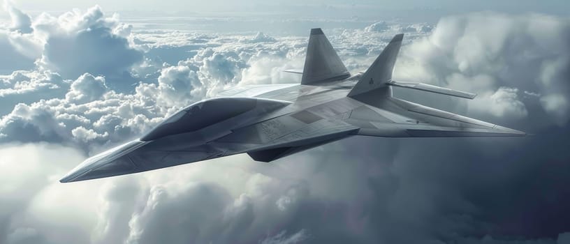 A jet fighter slices through cloudy skies, with rays of sunlight illuminating its path, symbolizing hope and strength. Aircraft's sleek lines are accentuated by the dramatic lighting and atmosphere